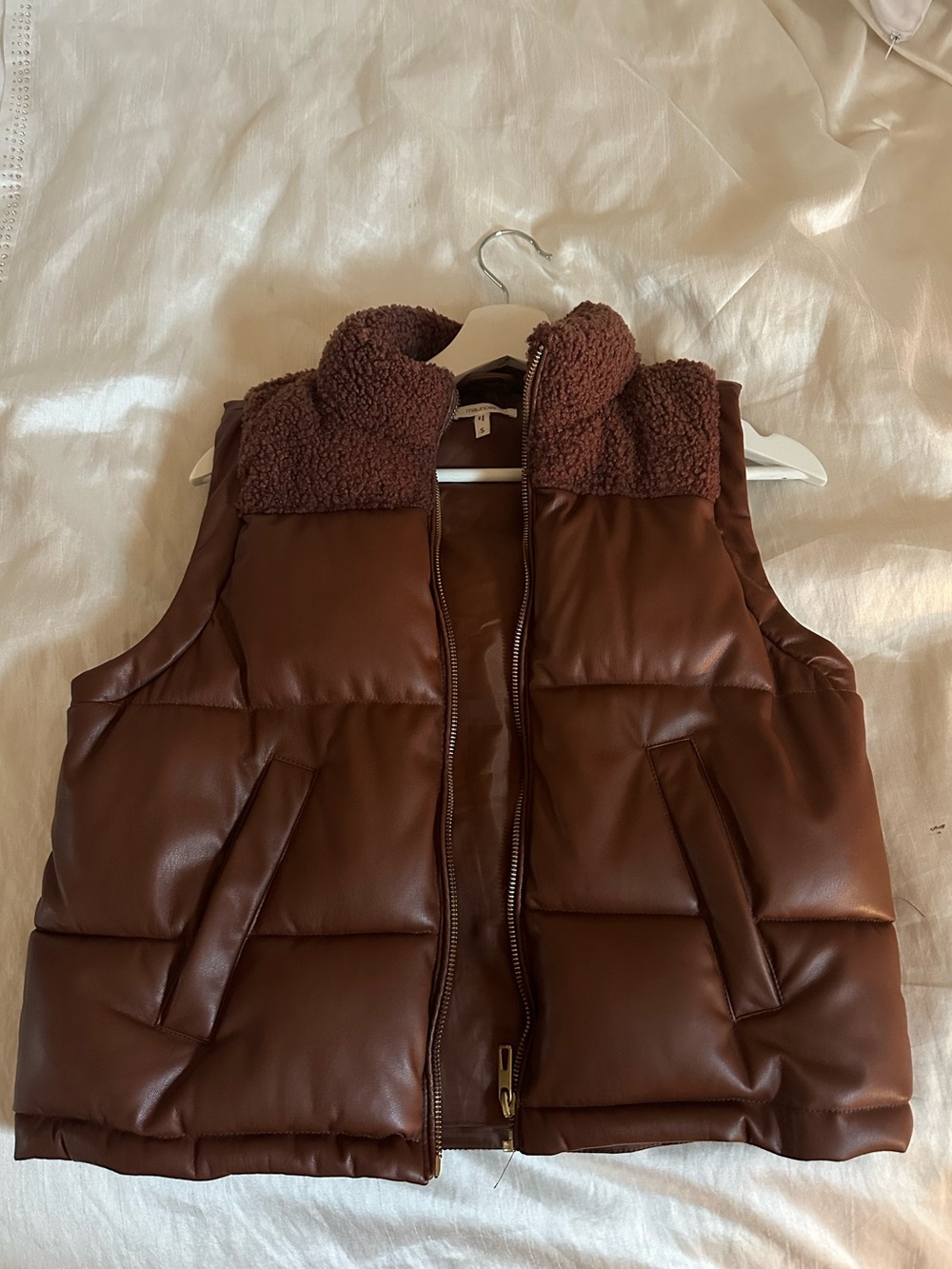 Maurices Chocolate Brown Faux Leather Sherpa Collar Puffer Vest